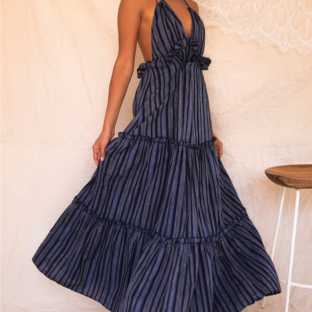 Elegant Navy Striped Halter Dress (fits M)